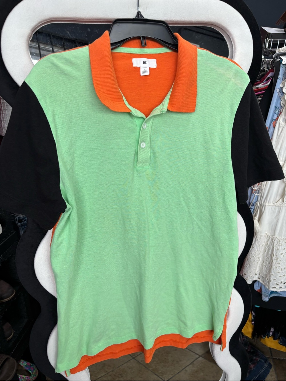 bp Men’s Light Green Polo with Orange Collar and Black Sleeves